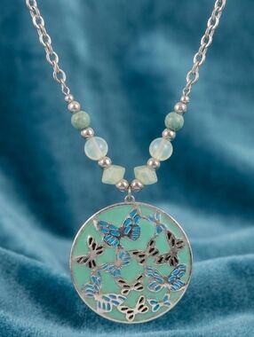 ​Boho Butterfly Medallion Statement Necklace | Mint Green Enamel & Beaded Detail